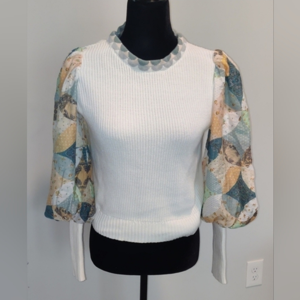 fab'rik Blouse Beige Sweater with Multicolor Printed Sleeves Size M